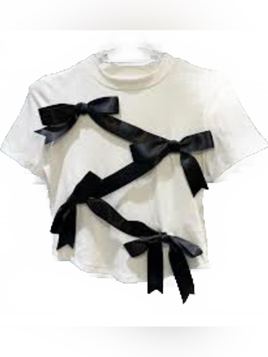 Bloomingdale's Tops - Cropped White T-Shirt with Black Ribbon Accents, Madonna & Co